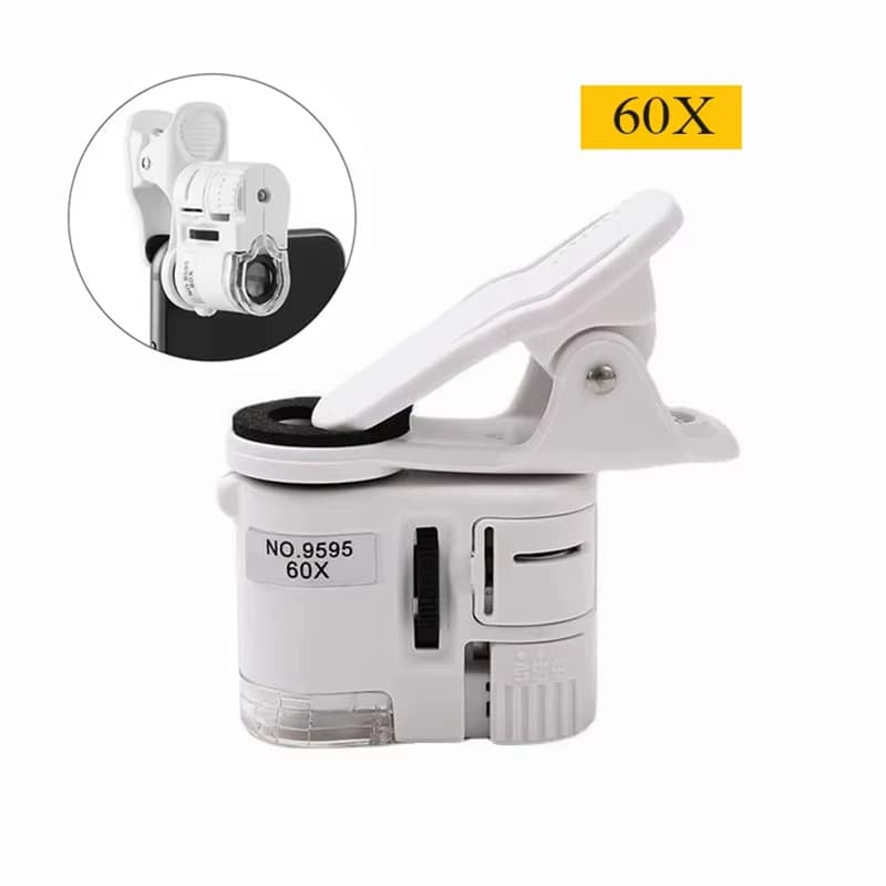 Microscopio Tascabile Universale 60X con Luce LED, Lente d'Ingrandimento UV e Messa a Fuoco Regolabile per Cellulari e Gioielli
