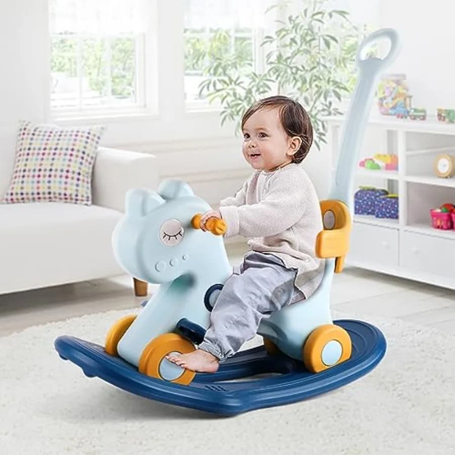 Cavallo a Dondolo 4 in 1 per Bambini 1-3 Anni, Giocattolo Dondolo per Neonati, Divertente Regalo di Compleanno per Bambini 1+ Anni, Cavalcabile con Sedile Rimovibile