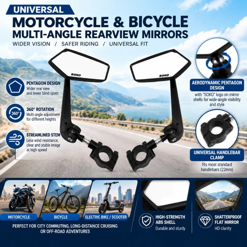 Universal Bike Handlebar Mirrors Motorcycle Rear View Mirror HD Wide Angle & 360° Rotating Back Sight Rearview Motorcycle Mirror