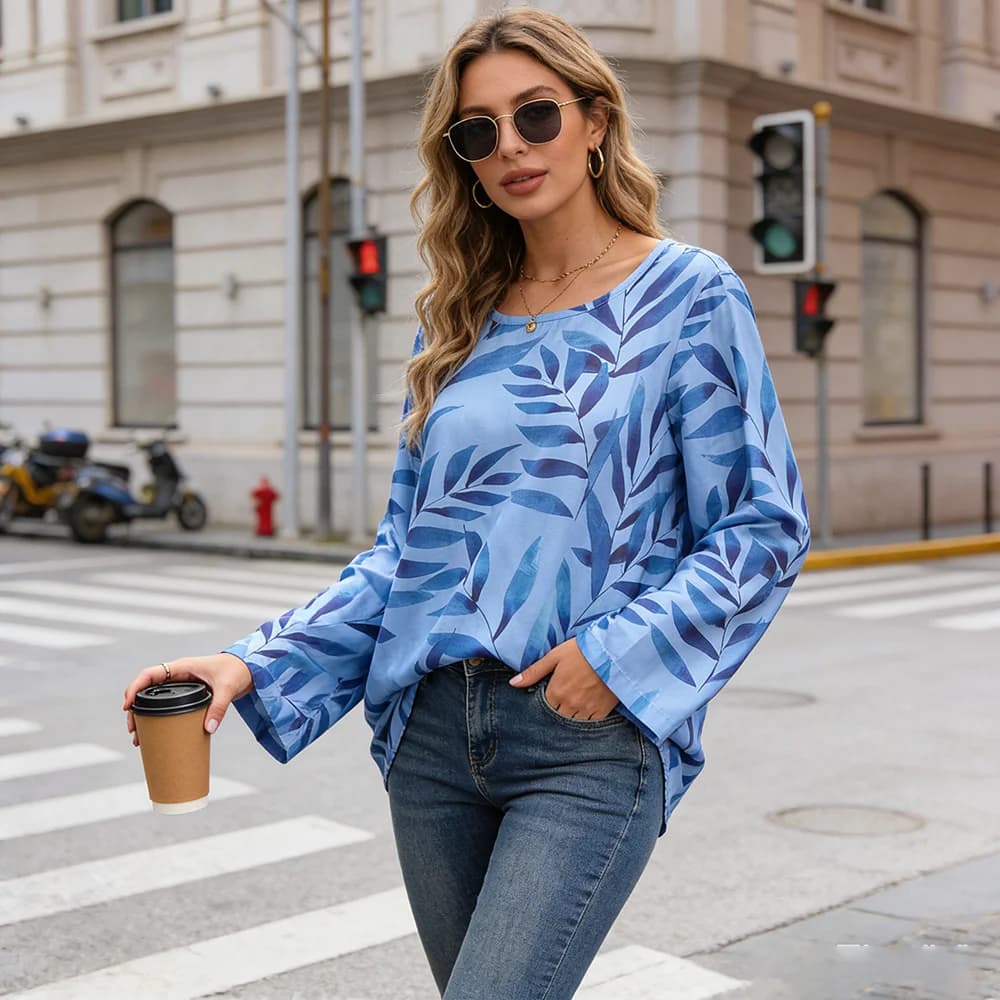 Women's long sleeve shirt with blue leaves print – Casual and breathable for everyday use