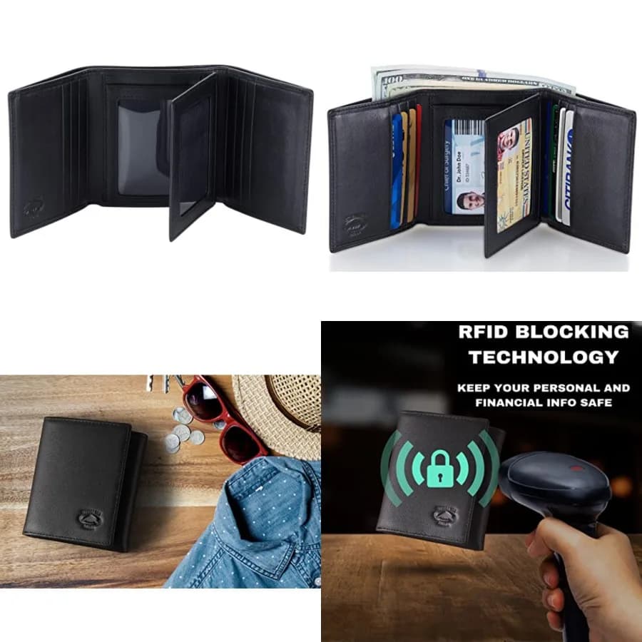 Portafoglio Trifold per Uomo con Blocco RFID in Vera Pelle Napa, Capacità Extra, 11 Scomparti per Carte, 3 Finestre per Documenti, Porta ID Estraibile