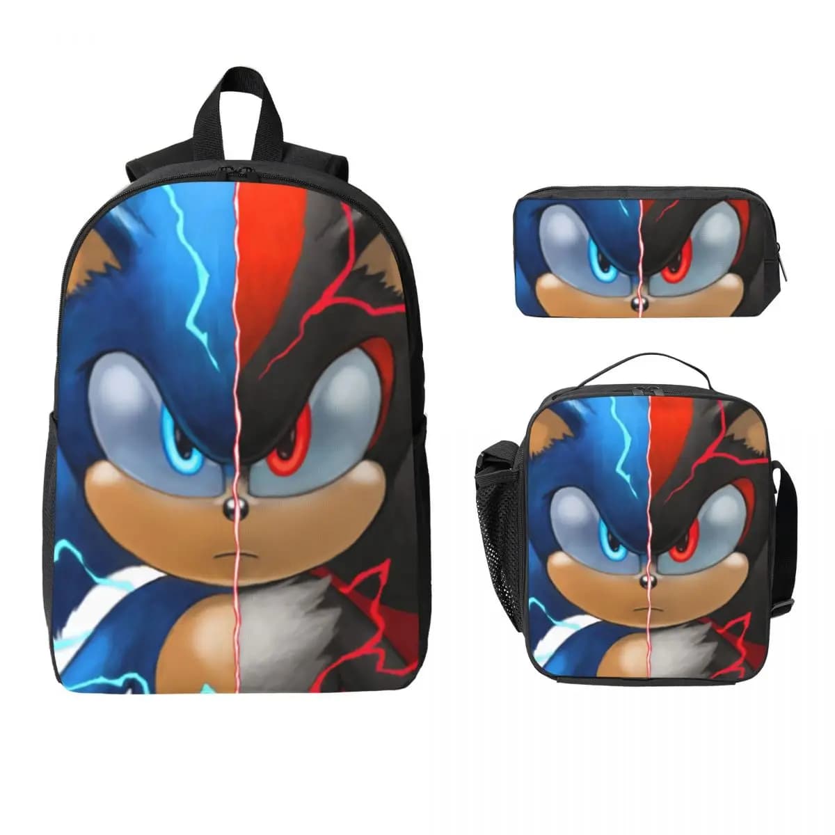 Zaino Sonic Shadow per ragazzi e ragazze, borsa per libri, borsa per la scuola, borse a tracolla per computer, 3 pezzi, borsa termica per il pranzo, astuccio per matite