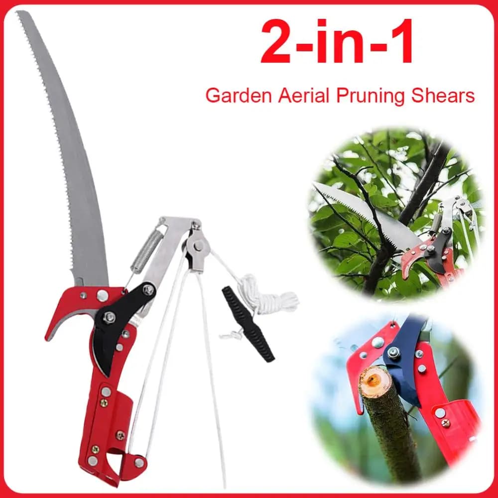 Pruning scissors with three pulleys for high heights, without rod, for fruit harvesting and pruning of trees, gardening tools