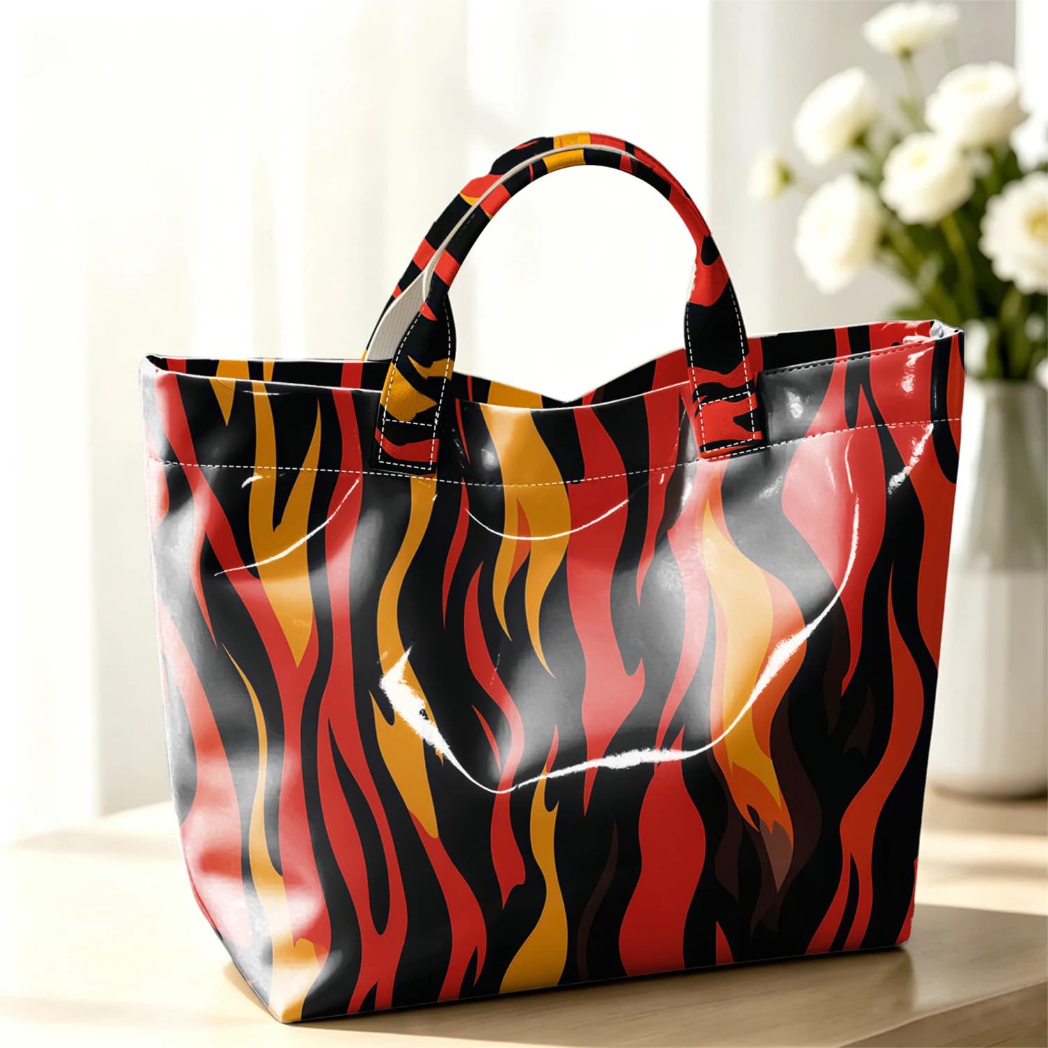 Fire Flame Stripe Cute Large Glossy PVC Tote Bag Hand Washable Lightweight Soft Great for Travel Commute Makeup Storage Handbags
