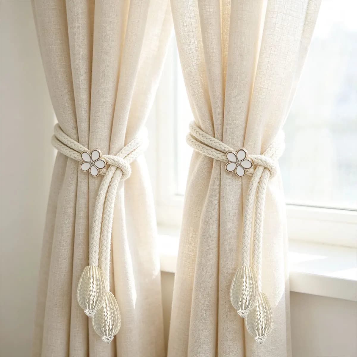 2pcs Flower Shell Tassel Curtain Tiebacks, Cream Japanese Wood Ins Style, Hand Woven Rope Window Decor for Bedroom Homestay