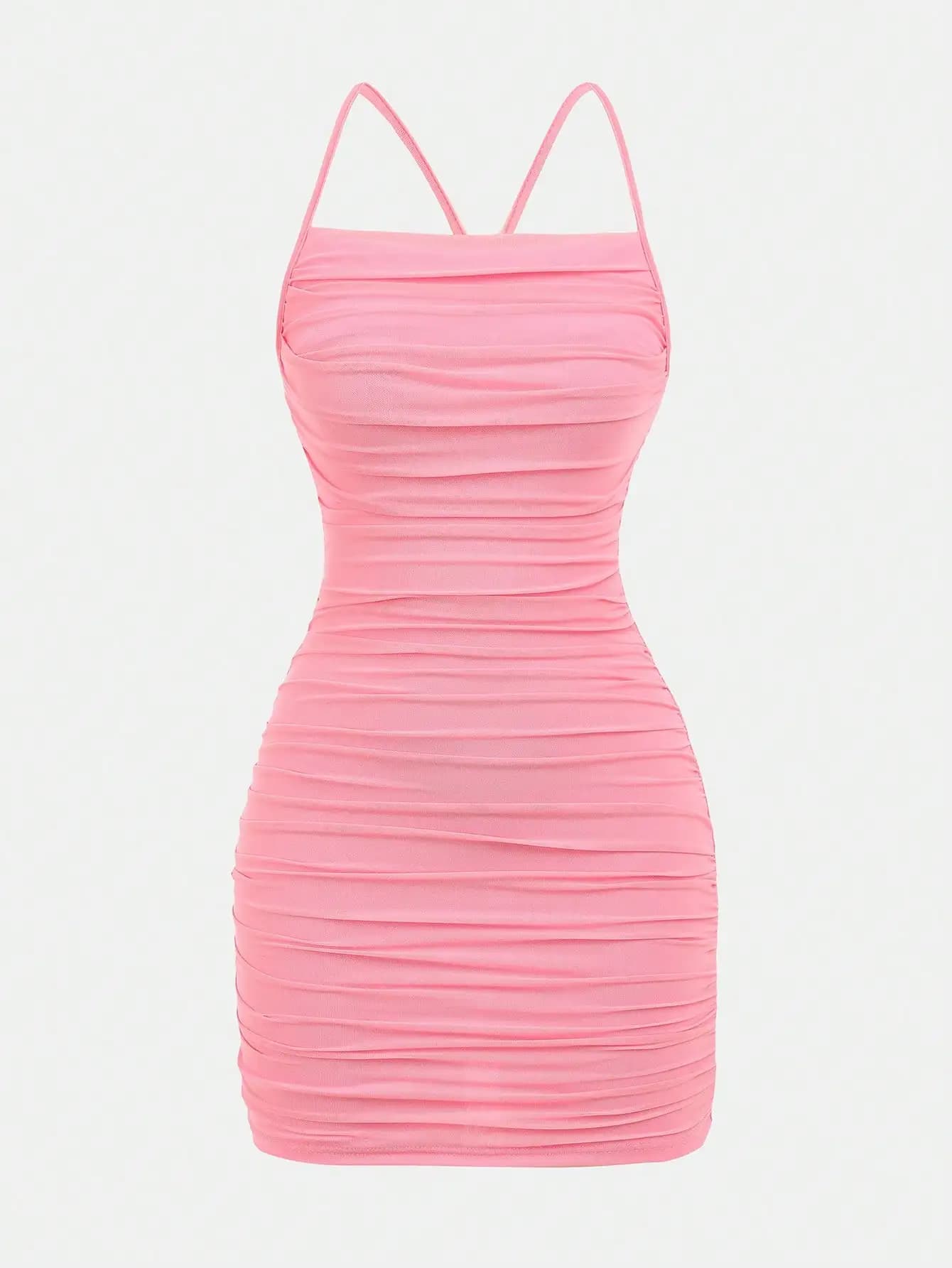 Pink Mesh Knit Ruched Spaghetti Strap Mini Dress For Summer Party Clubwear