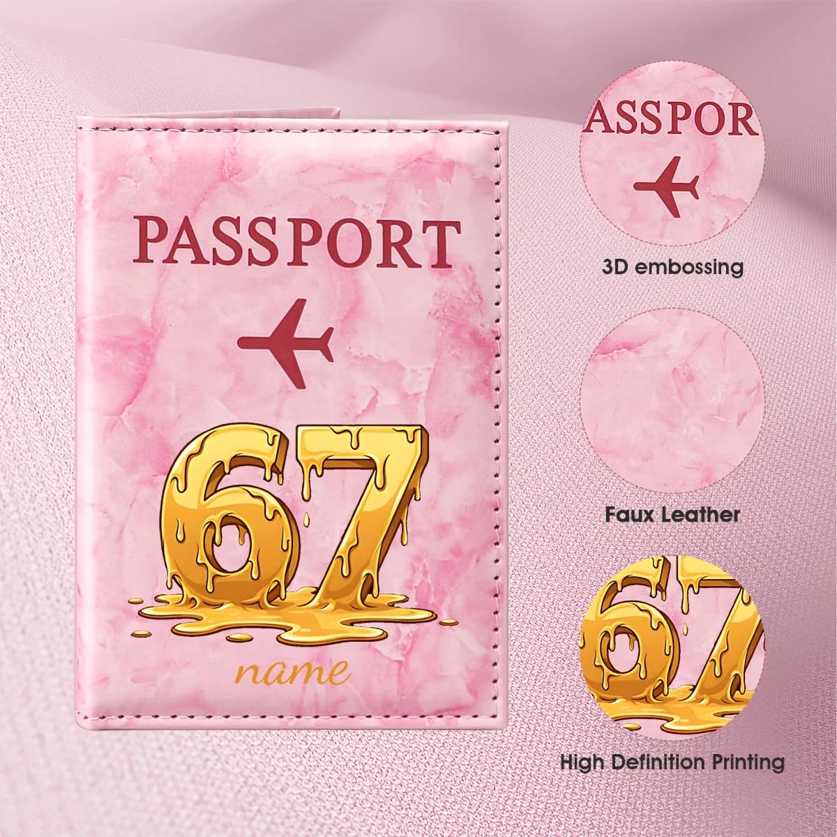 Personalized Name Golden No. 67 Design PU Passport Holder, Melted Honey Style Artwork, Durable PU Material Protects Passport