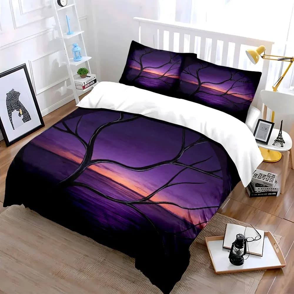 Set di biancheria da letto con copripiumino morbido e confortevole Purple Sunset Art Decor, include 1 copripiumino e 2 federe, regalo