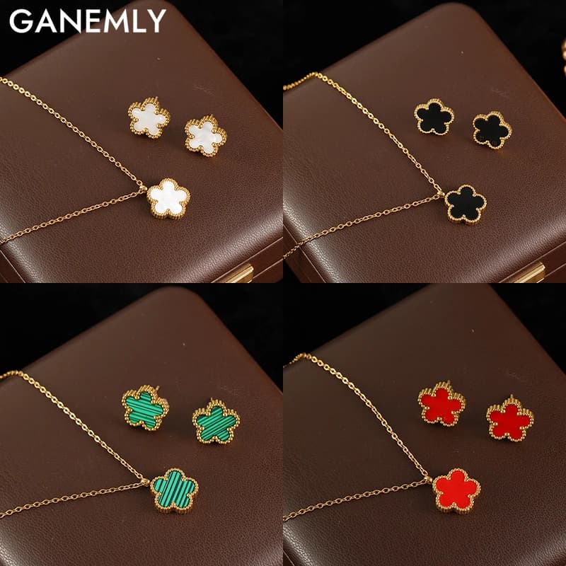 GANEMLY 316L Stainless Steel Two-Sided Flower Petal Necklace Earrings Set For Women 2025 Fashion Waterproof Clover Jewelry Gift