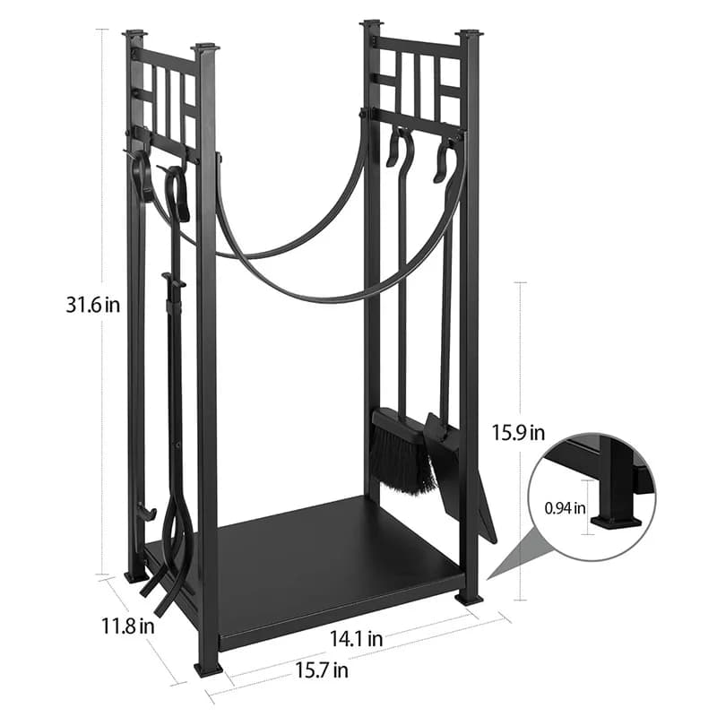 Grande porta legna da ardere con set di attrezzi per il caminetto, struttura in legno per interni con contenitore per attrezzi impilabile in ferro battuto