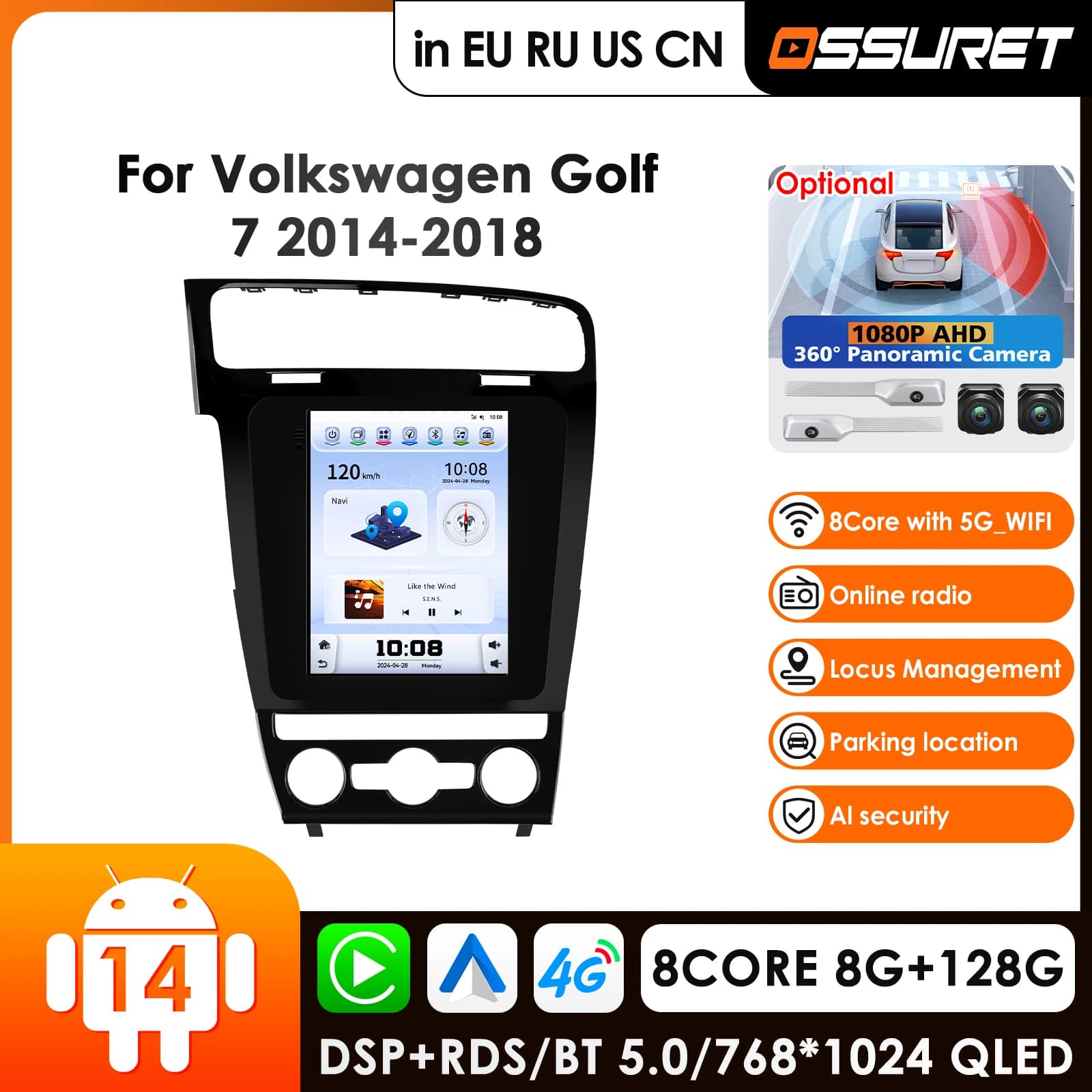 Ossuret Autoradio Android 14 da 9.7 Pollici con Telecamera a 360° e Carplay per Volkswagen Golf 7, Stereo GPS Wifi FM Ricevitore Audio Lettore Multimediale