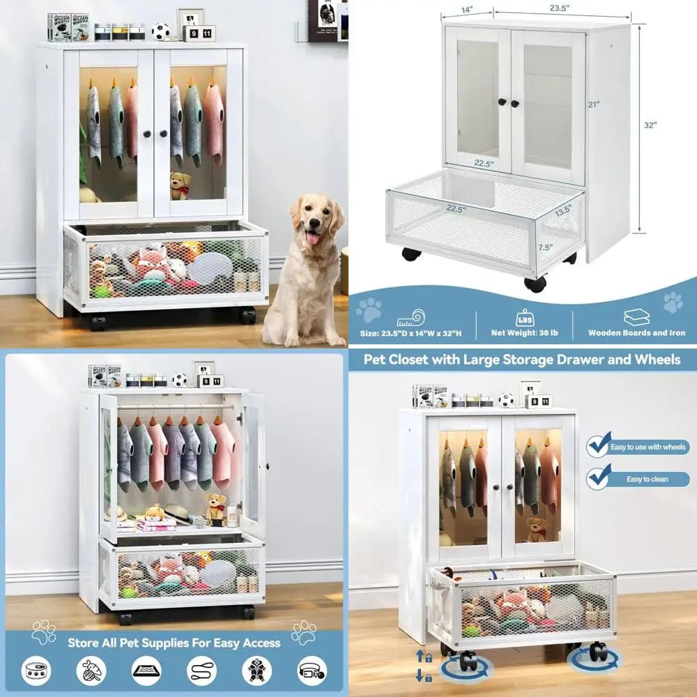 Armadio guardaroba per animali domestici con ante trasparenti, armadio per cani in legno per grucce, vetrina portaoggetti per cani, organizzazione per animali domestici