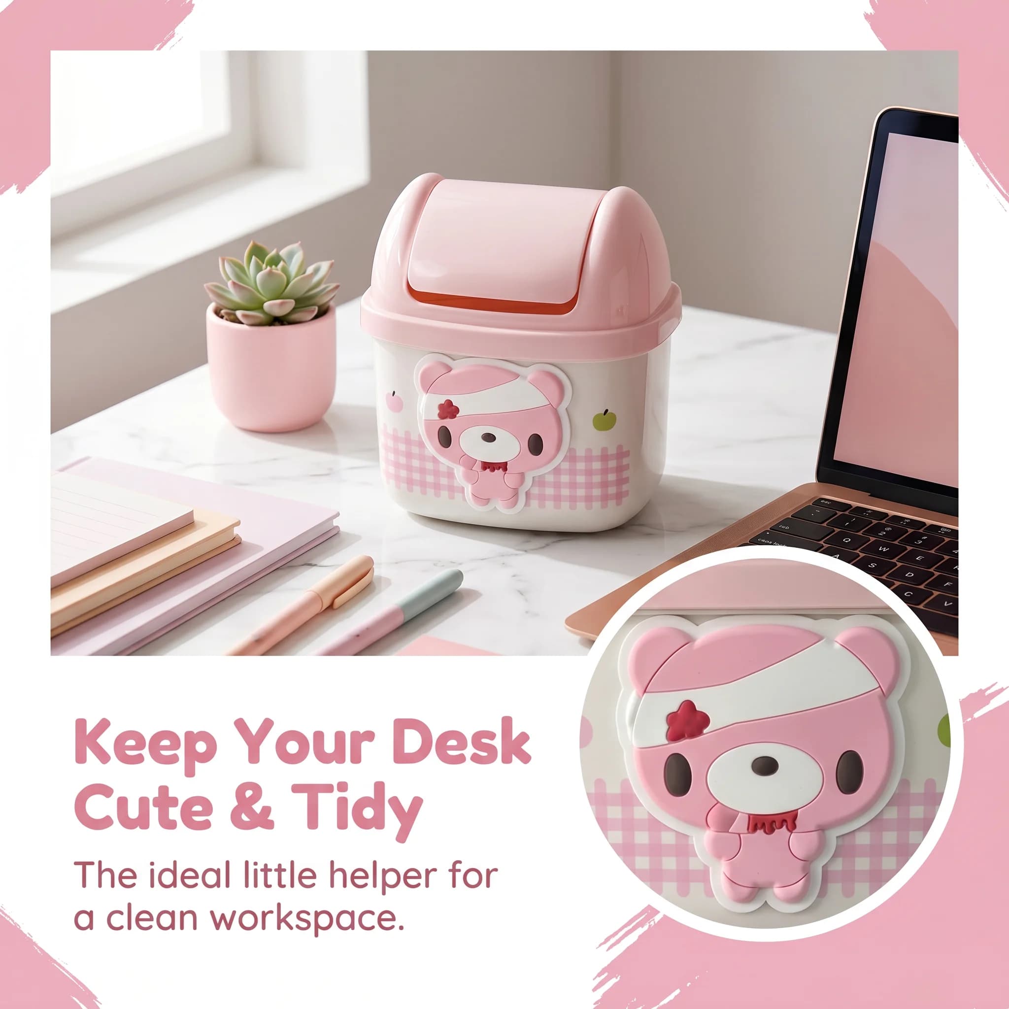 Cute Bear Mini Desktop Trash Can, Pink Flip-Top Small Waste Bin for Office, Bedroom & Vanity