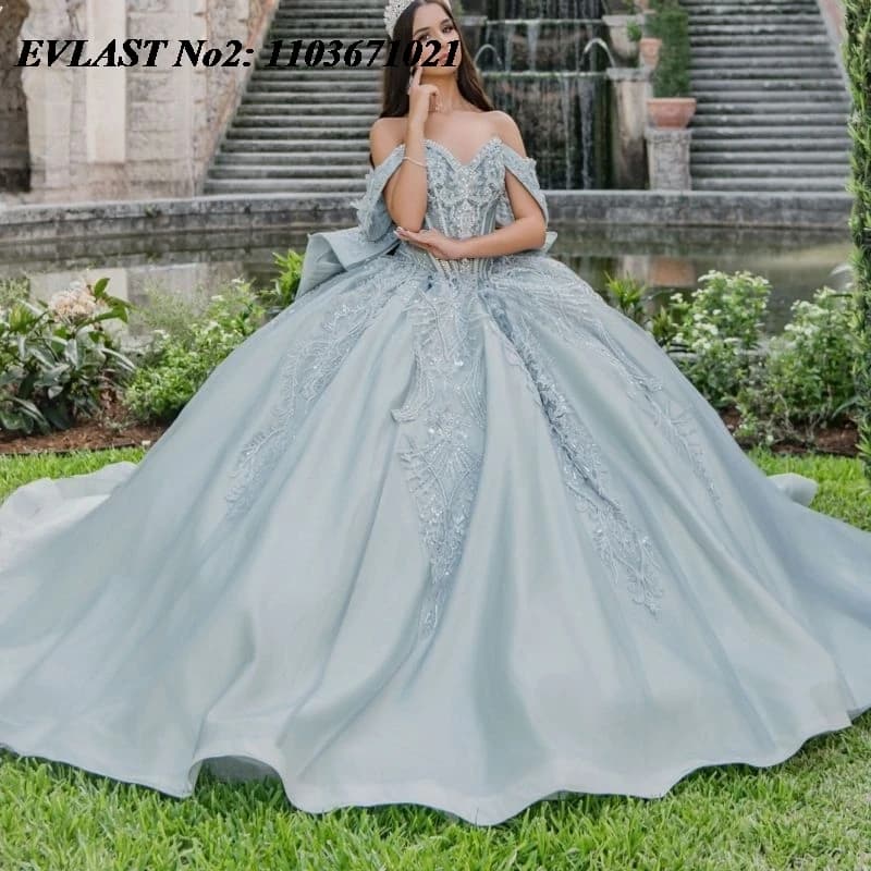 EVLAST Personalizzato Lucido Aqua Blu Abito Quinceanera Abito di Sfera Applique di Pizzo Che Borda Arco Corsetto Dolce 16 Abiti 15 Anos E2QA118
