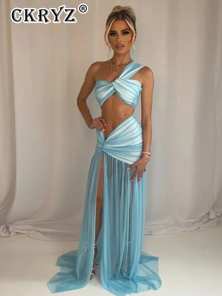 Gonna sexy estiva da donna Set da due pezzi Top corto da donna con una spalla e gonna lunga Set da 2 pezzi per feste in spiaggia eleganti da donna