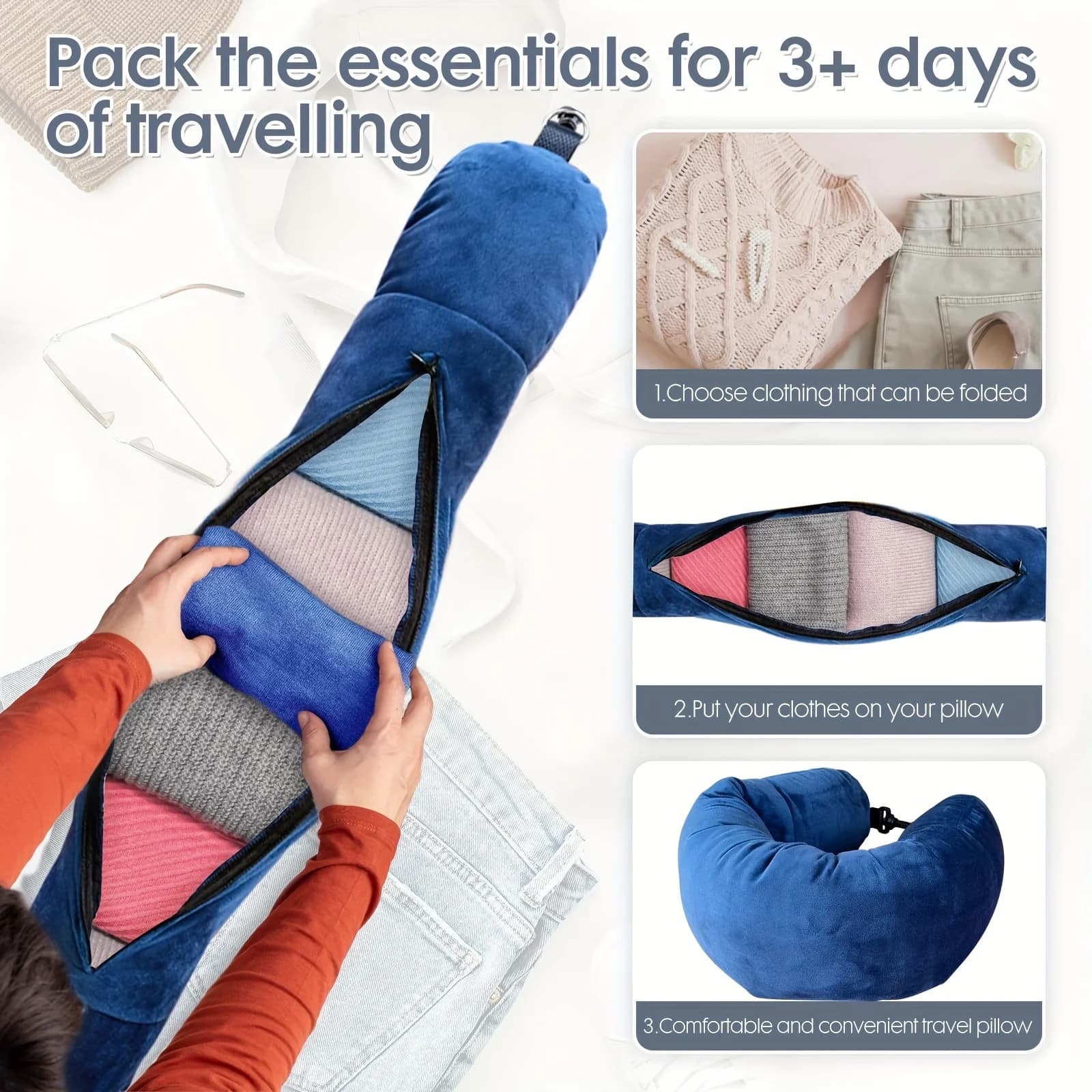 1Pc Storage U-Shaped Travel Neck Pillow, Stuffable with Clothes & Daily Essentials, Comfortable Portable Travel Accessory