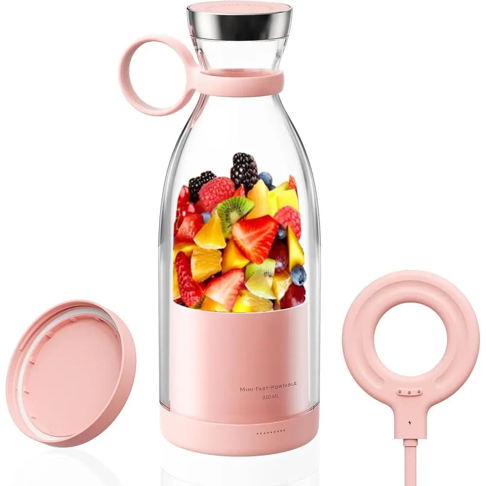 Portable blender with 11.83 Oz travel cup, stainless steel blades and pink smoother