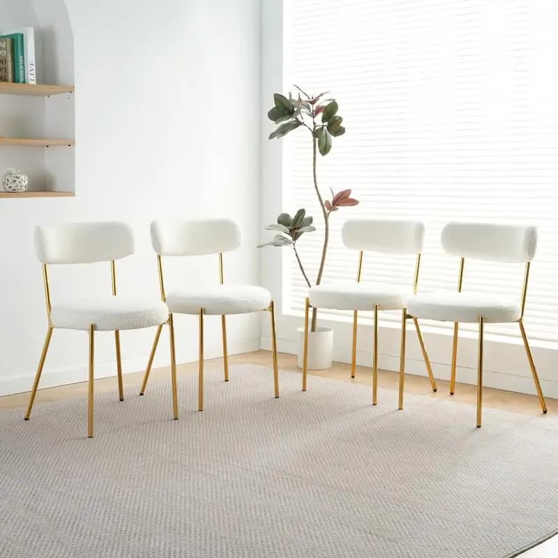Set di 4 sedie da pranzo moderne, tessuto Teddy bianco, gambe dorate, sedia semplice per camera da letto, cucina domestica, sedia per spogliatoio e studente