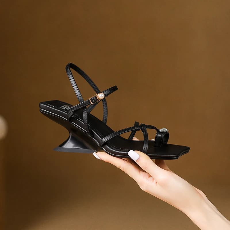 2026 summer women sandals natural leather plus size 22-25.5cm sheepskin+pigskin cross-strap ankle-buckle high heel women shoes