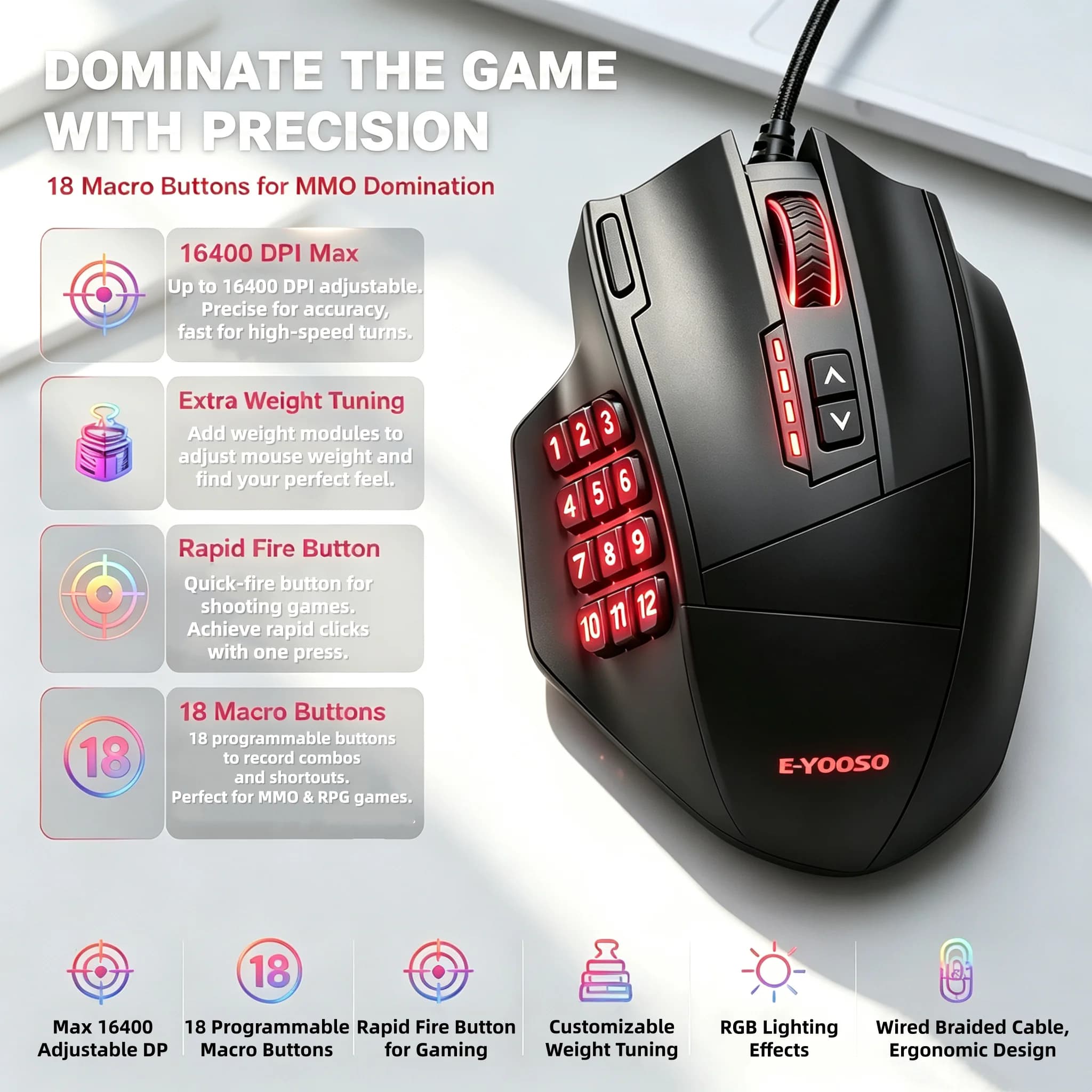 E-YOOSO Wired Gaming Mouse Side Numeric Keypad Mouse 16400 DPI 19 Programmable Adjustable Weight for Home Desktop PC/Laptop