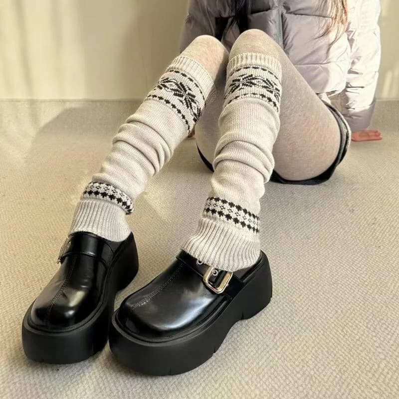 Winter Warm Socks Snowflake Pattern Crew Leg Warmer for Women Y2K Knitted Boot Elastic Thick Harajuku Long Tube Socks Leggings
