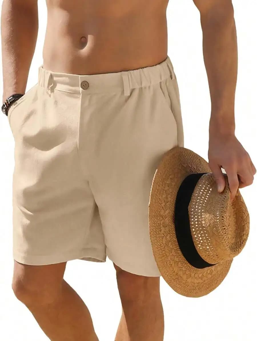 Mens Casual Cotton Linen Shorts With Button Elastic Waist Summer Beach Golf Multi Pocket