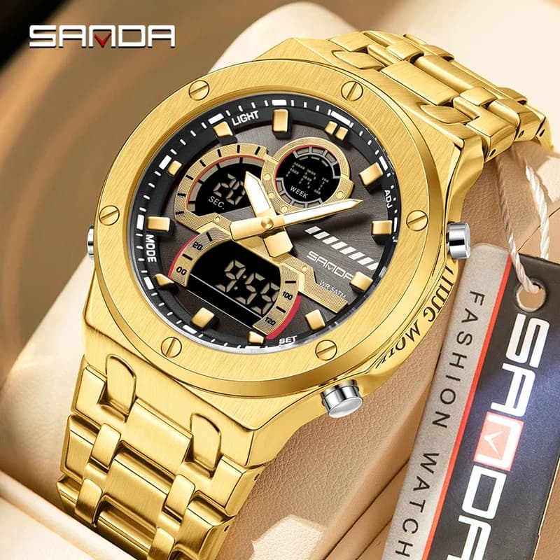 SANDA New Fashion Men's Quartz Watch Multifunction Watch with Double Display Stainless Steel Digital Waterproof LED Men's Watch