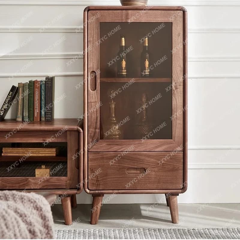 Mobiletto portabottiglie in legno massello di noce nero, vetrina di lusso con illuminazione.