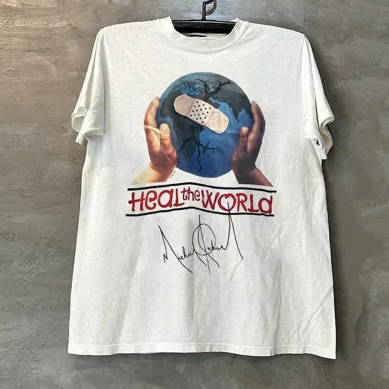 T-shirt con copertina dell'album Michael Jackson Heal The World, t-shirt casual a maniche corte in puro cotone per adulti e genitori-figli