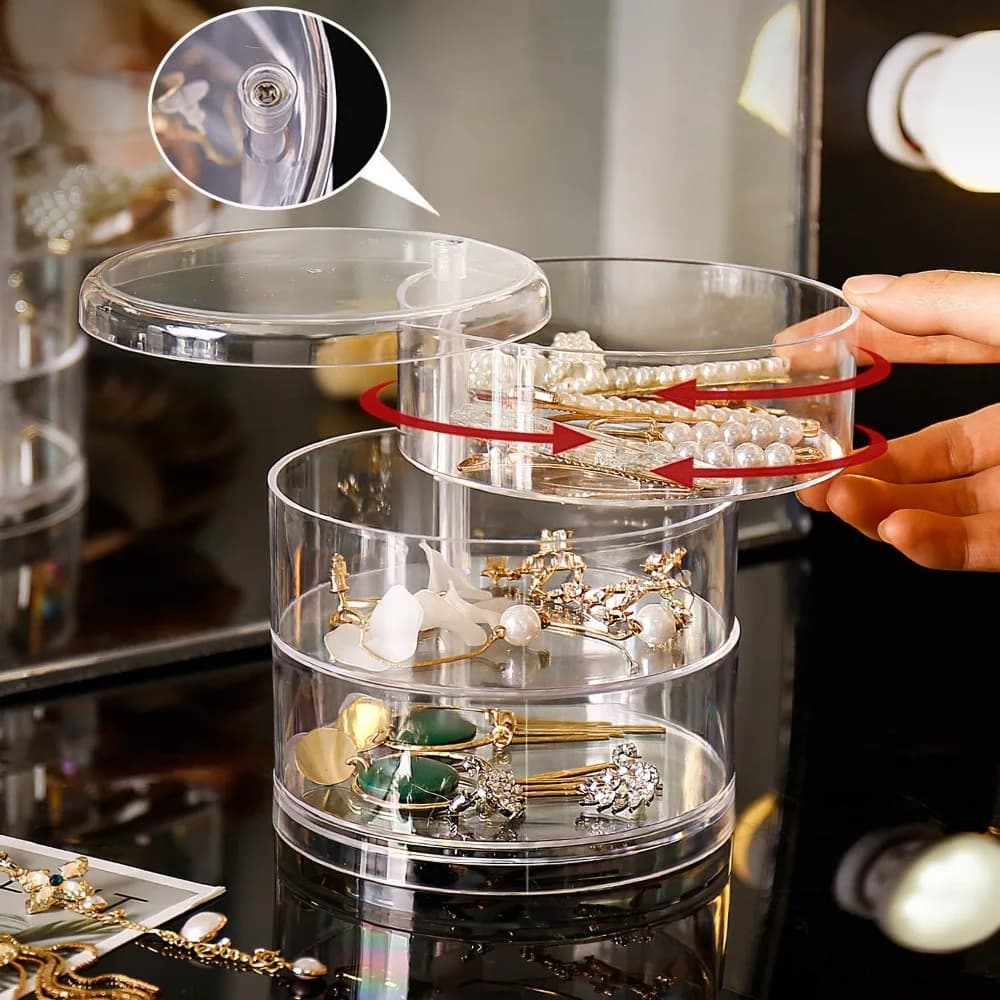 Organizer of 360° Swivel Jewelry, Transparent Plastic Storage Box, Rings and Earrings Compact Multilayer, Anti-dust Desk Display