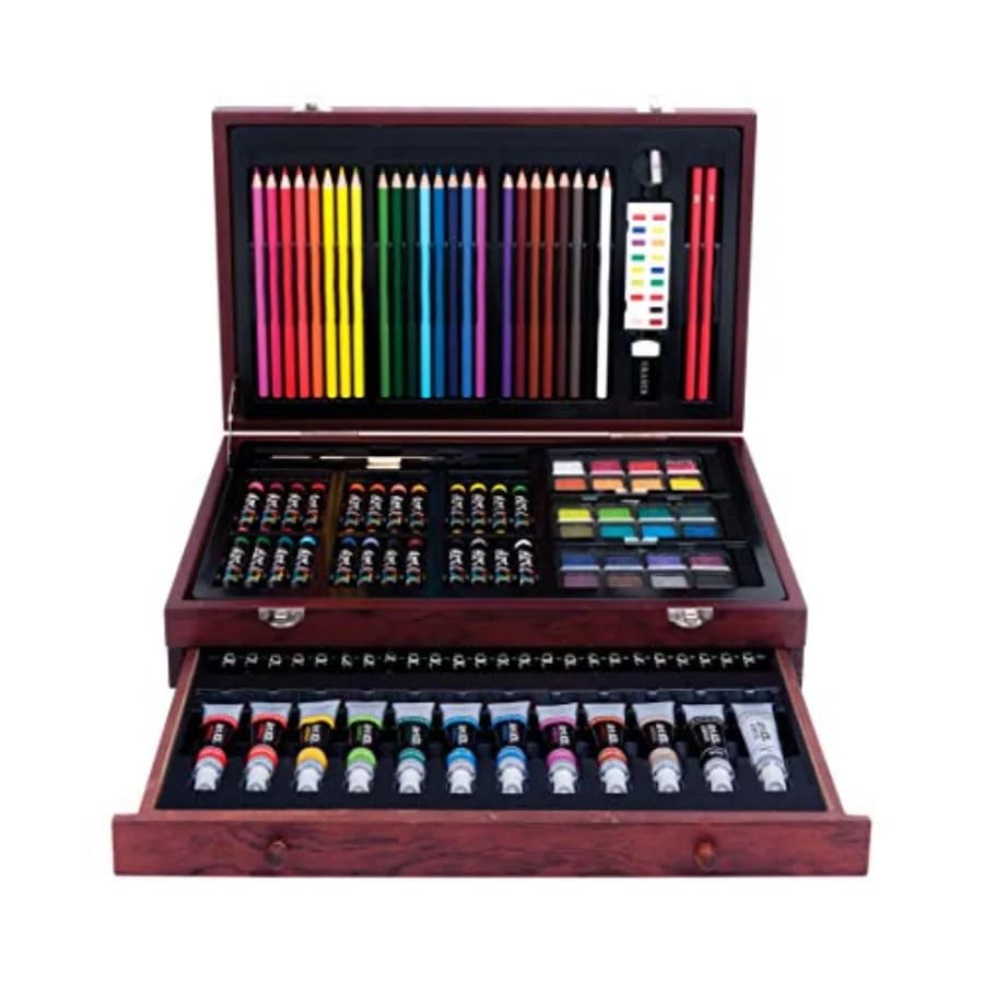 Deluxe Art Set with 119 Pieces in a Wood Organizer Case, Includes Color Pencils, Paints, brushes and palettes, Learning guides,
