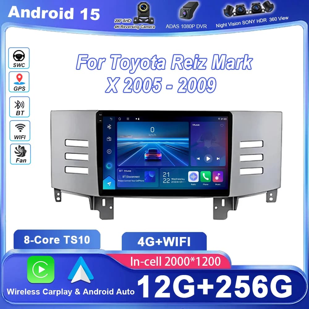 Android 15 Carplay Per Toyota Reiz Mark X 2005 -2009 Auto Radio Multimidia Lettore di Navigazione GPS Carplay NO 2DIN Touch Screen 4G