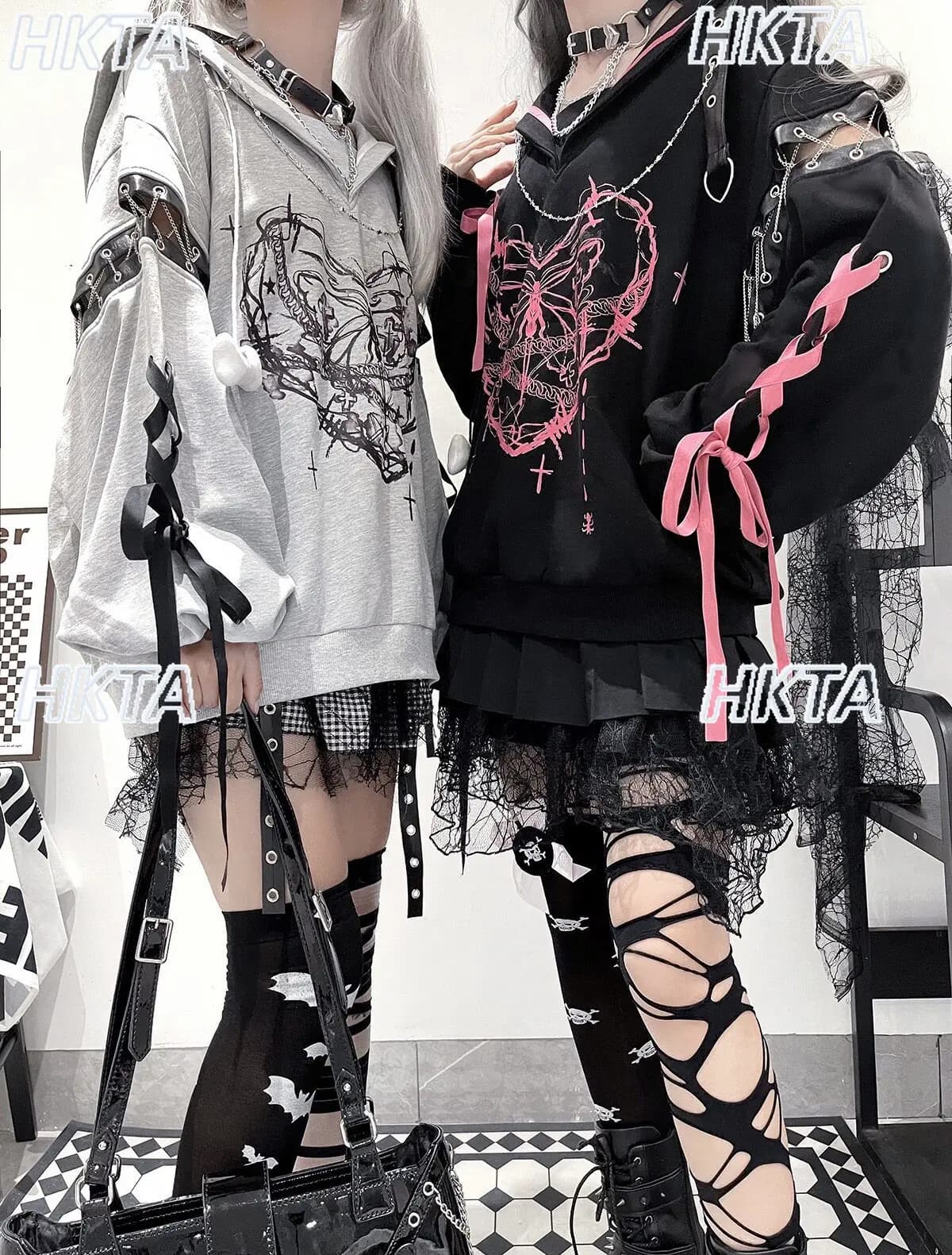 Subculture Y2k Sweet Cool Student Street Loose Casual Navy Collar Print Sweathirts Hoodies Irregular Chain Black Skirt Women
