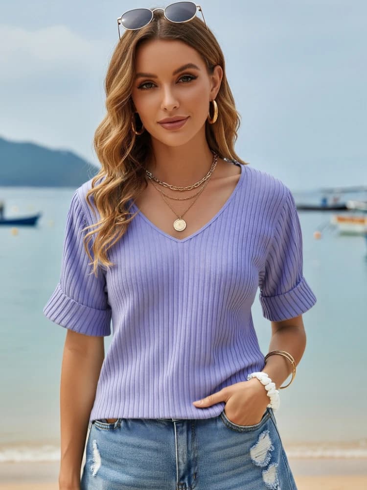 T-shirt da donna estiva 2026 in maglia sottile blu, nera, arancione, a maniche corte, scollo a V, maglietta estiva da donna