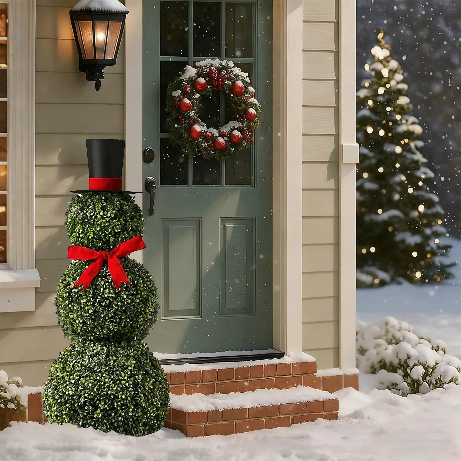 Christmas bosso wood tops with red bow, artificial mouse tree in the form of snowman, fake plant for decoration of the interior porch of the garden