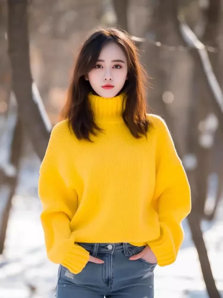 Maglione in Cashmere a Collo Alto per Donna, Maniche Lunghe, Giallo, Casual, Moda Autunno Inverno, Nuovi Arrivi
