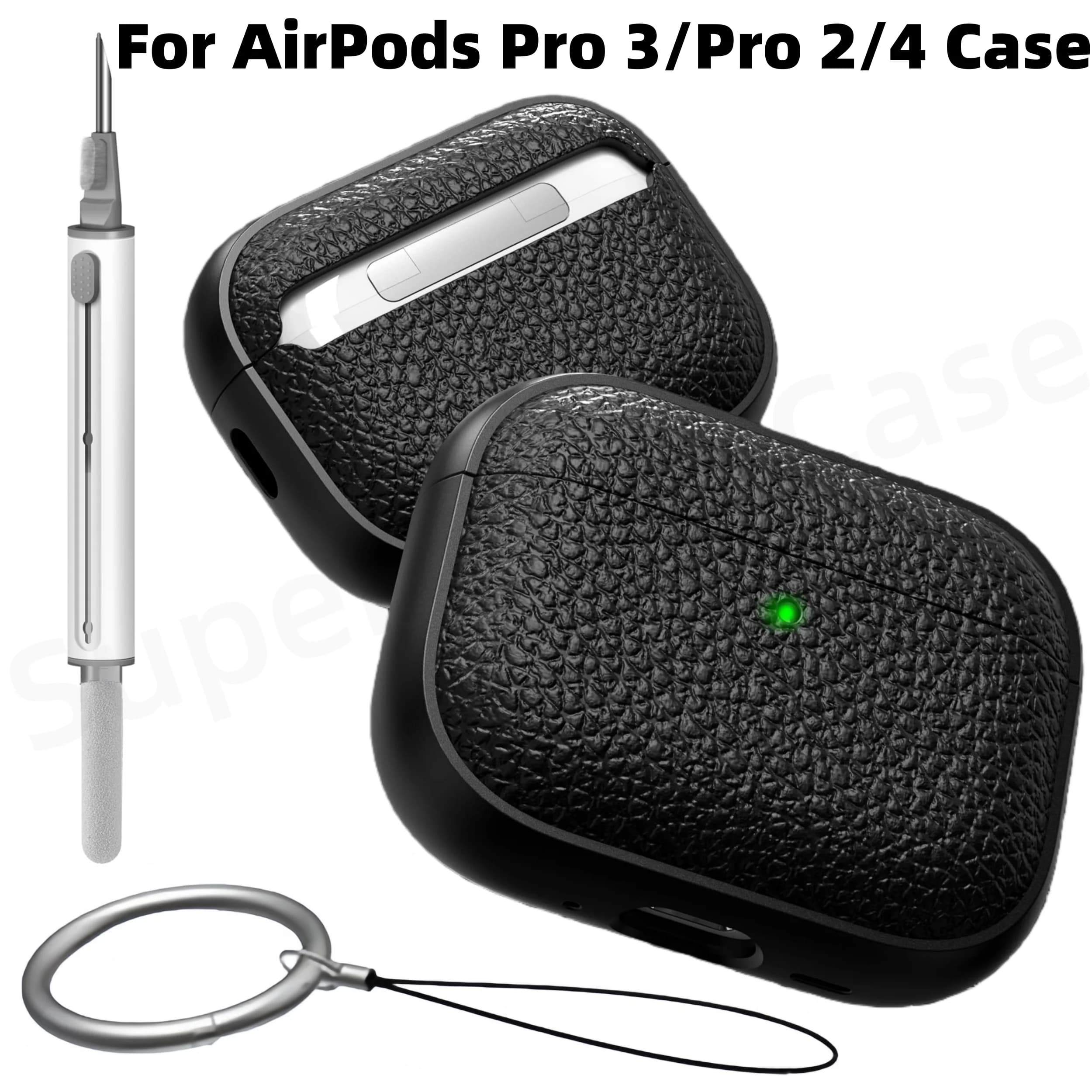 2025 per AirPods Pro 3/Pro 2/4 Custodia morbida in TPU (design simile alla pelle) Custodia protettiva con portachiavi e kit di pulizia per AirPods Pro 3/4