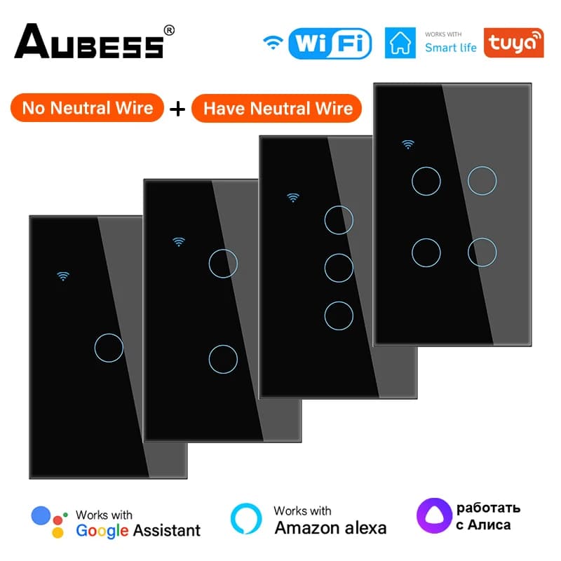 Aubess WiFi US Smart Light Switch Intelligent Wireless Switch Tactile Sensor Panel Tuya Smart Life APP Control Support Alexa Google Home