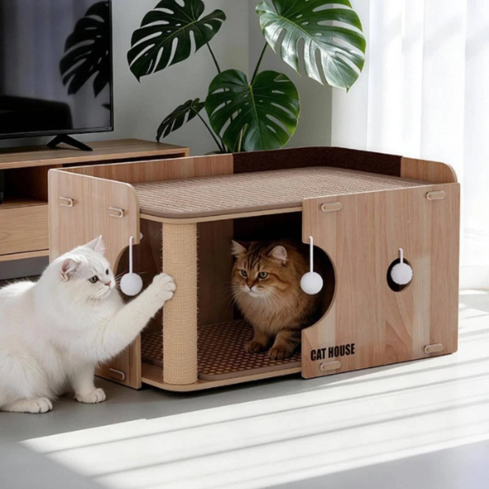 Feline Scratcher House Woven Multi-Level Feline Condo Pet Furniture Hanging Pom-Poms Compact