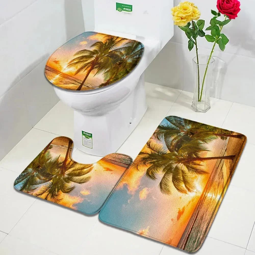 Set di tappetini da bagno per spiaggia crepuscolare isola albero di cocco tramonto estate oceano scenario tappeto per la casa arredamento per il bagno tappeto antiscivolo coperchio per WC