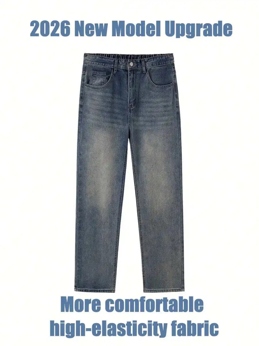Mens Loose Fit Straight Leg Denim Jeans High Elasticity Vintage Wash