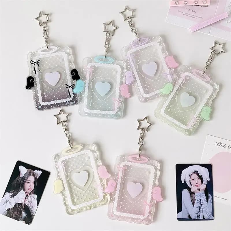 Kpop Acrylic Transparent Card Holder Cute Girl Idol Photo Storage Card Bag Pendant Decorative Keychain Heart Wing ID Card Sleeve