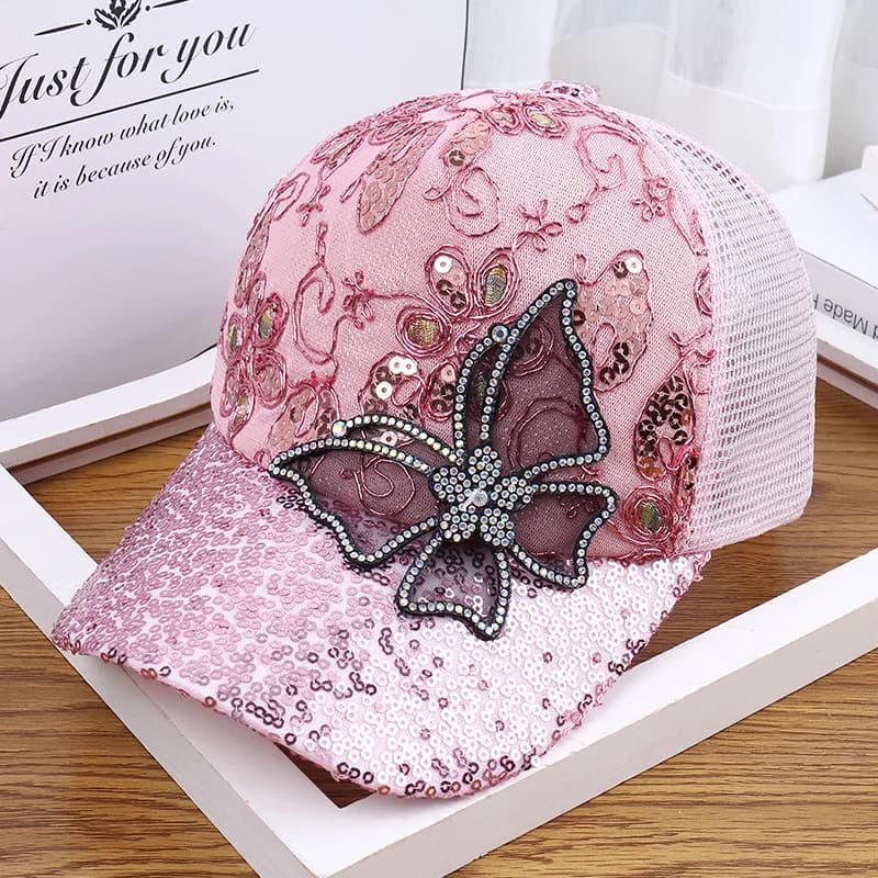 Berretto a becco d'anatra scintillante, berretto da baseball a farfalla con strass alla moda da donna, cappello estivo in rete parasole traspirante