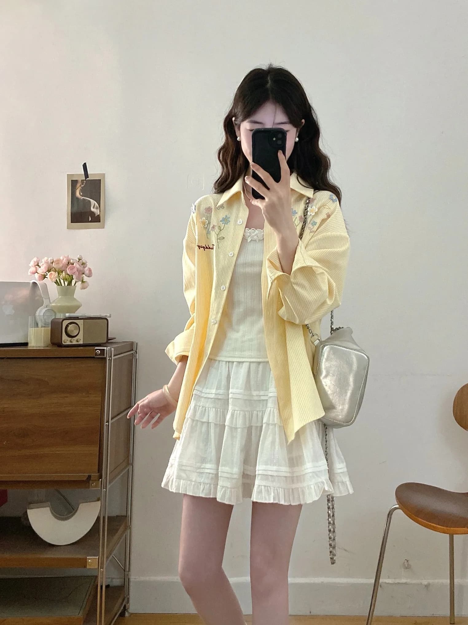 Set due pezzi da donna taglie forti, giallo a righe, ricamato, con maglia a maniche lunghe e gonna a vita alta, moda primavera estate