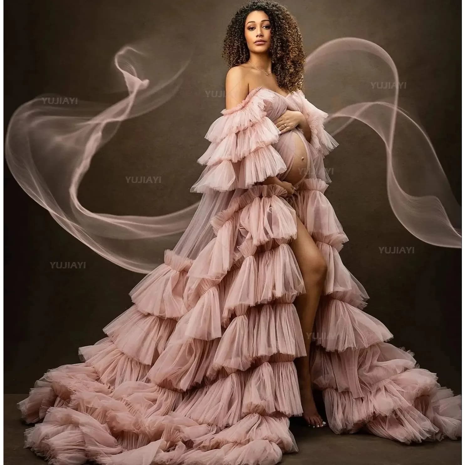 Maternity Dress with Luxury Volant for Photo shoot Layered skirts with shoulders discoveries Tulle with volant Wedding Bathrobe Nightwear Shoot Robe
