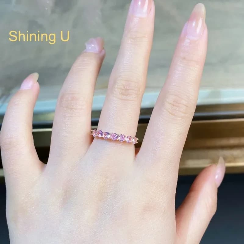 Anello Shining U in argento S925 con 7 gemme rosa per donna, gioielli raffinati placcati in oro, estivi