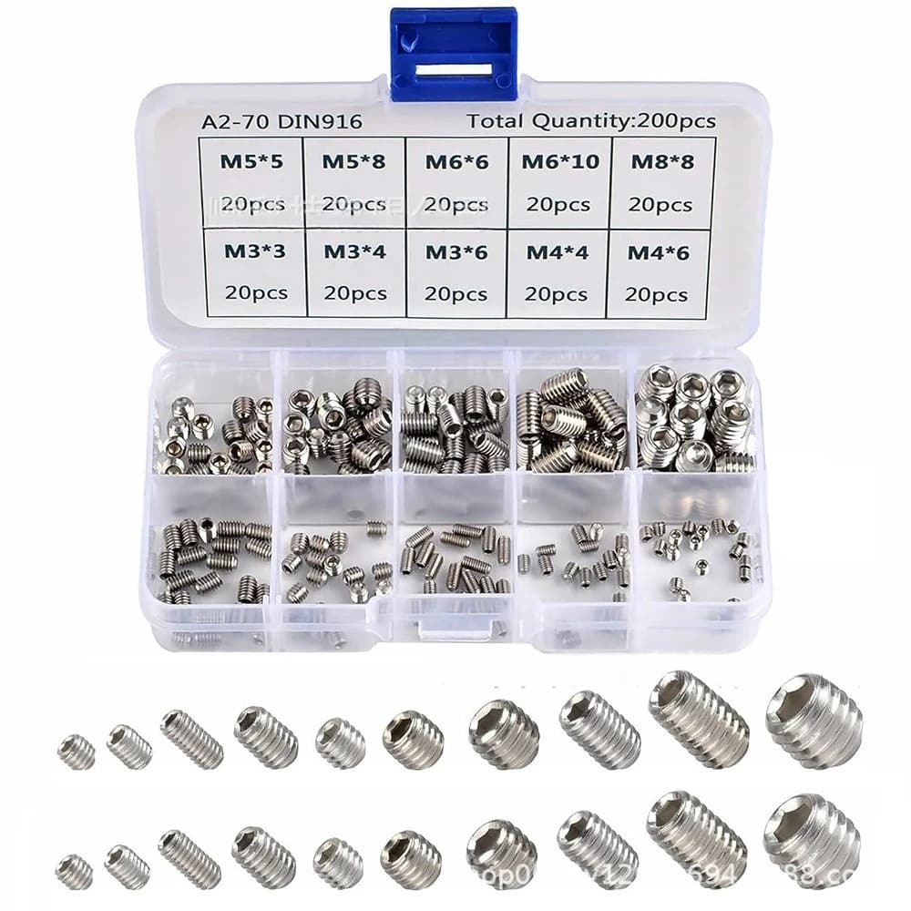 Set di viti a testa esagonale in acciaio inossidabile 304 da 200 pezzi, assortimento di viti a testa piatta
