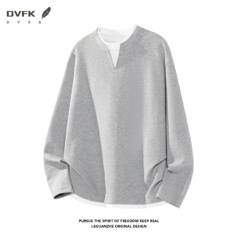 Men Fake Two Piece Long Sleeve Shirt Notch V Neck Waffle Knit Loose Fit Casual Daily Basic Top