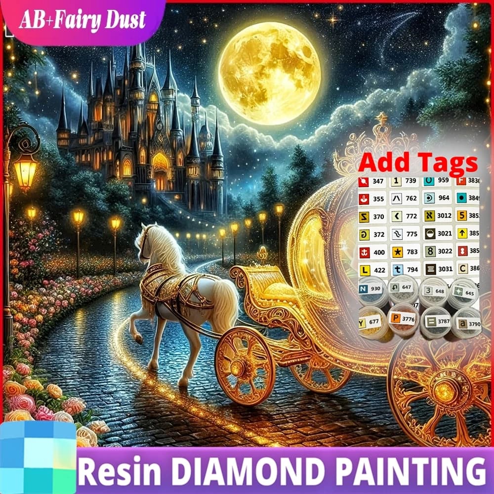 Kit Completo Pittura Diamante Resina AB Fairy Dust Fai da Te, Ricamo Diamante Paesaggio Carrozza Luna Castello, Quadri Decorativi
