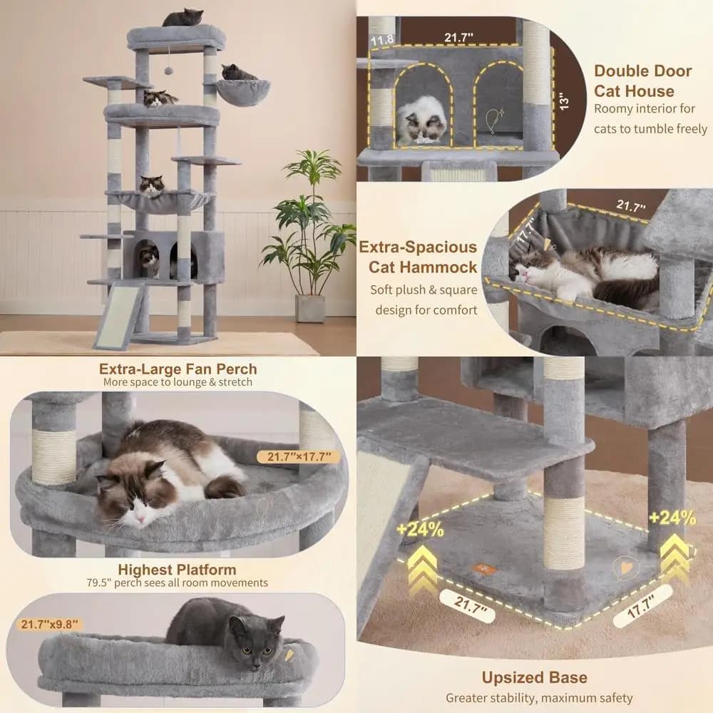 Albero per gatti da interno da 80 pollici per gatti di grandi dimensioni con piattaforme multilivello, posatoi in peluche, tiragraffi e grotte, grigio chiaro